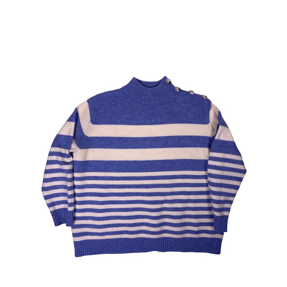 Womens Large Blue Striped Sweater Button Shoulder Old Money Minimalist Knit